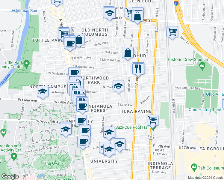 map of restaurants, bars, coffee shops, grocery stores, and more near 205 East Northwood Avenue in Columbus