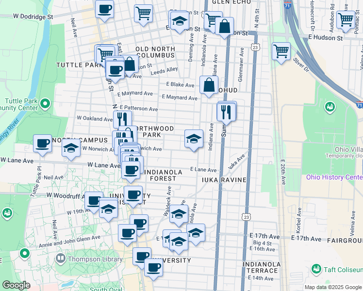 map of restaurants, bars, coffee shops, grocery stores, and more near 205 East Northwood Avenue in Columbus