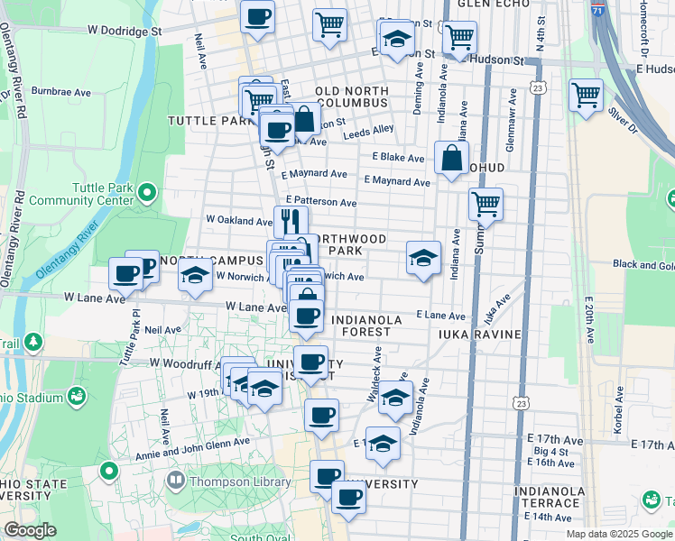 map of restaurants, bars, coffee shops, grocery stores, and more near 91 East Northwood Avenue in Columbus