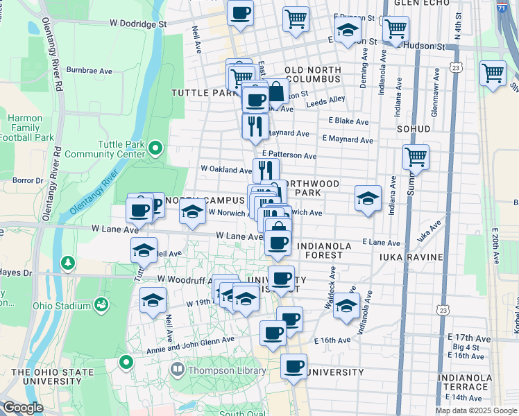 map of restaurants, bars, coffee shops, grocery stores, and more near in Columbus