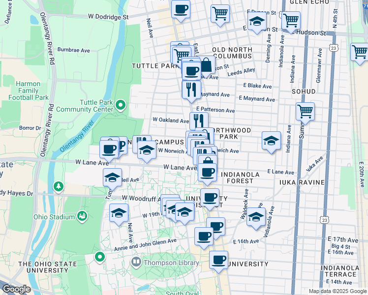map of restaurants, bars, coffee shops, grocery stores, and more near 67 West Northwood Avenue in Columbus