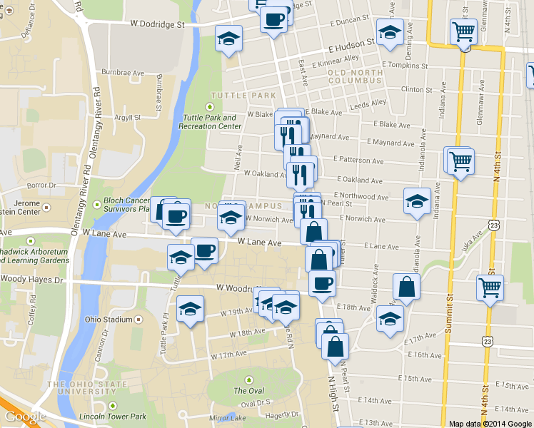 map of restaurants, bars, coffee shops, grocery stores, and more near 67 West Northwood Avenue in Columbus