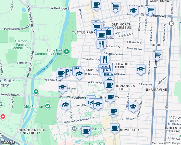 map of restaurants, bars, coffee shops, grocery stores, and more near 67 West Northwood Avenue in Columbus