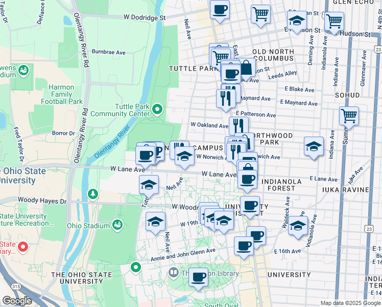 map of restaurants, bars, coffee shops, grocery stores, and more near 117 West Northwood Avenue in Columbus