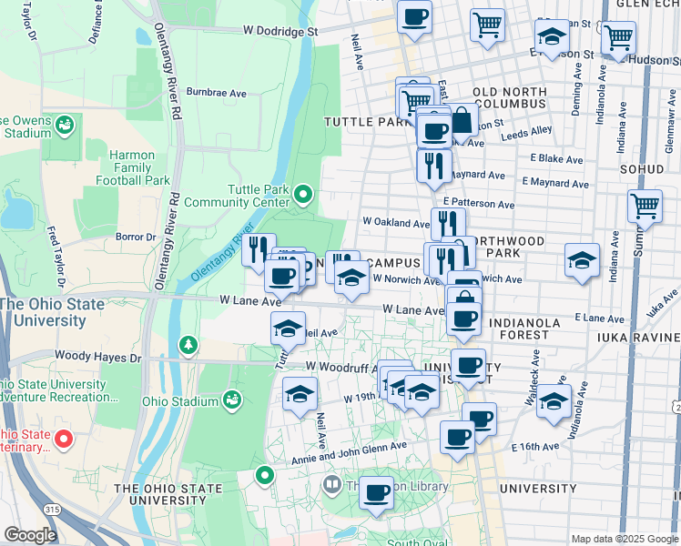 map of restaurants, bars, coffee shops, grocery stores, and more near 2259 Neil Avenue in Columbus