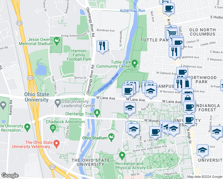 map of restaurants, bars, coffee shops, grocery stores, and more near 364 West Lane Avenue in Columbus