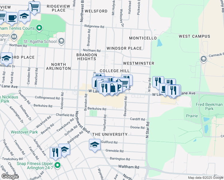 map of restaurants, bars, coffee shops, grocery stores, and more near 1600 West Lane Avenue in Upper Arlington