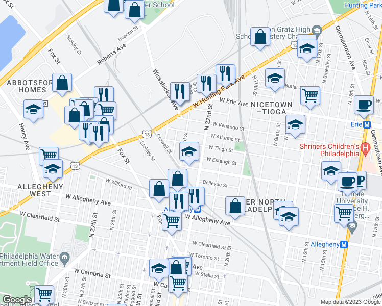 map of restaurants, bars, coffee shops, grocery stores, and more near 2225 West Estaugh Street in Philadelphia