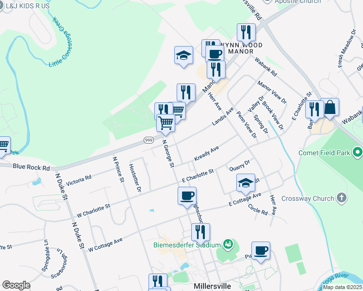 map of restaurants, bars, coffee shops, grocery stores, and more near 22 Landis Avenue in Millersville