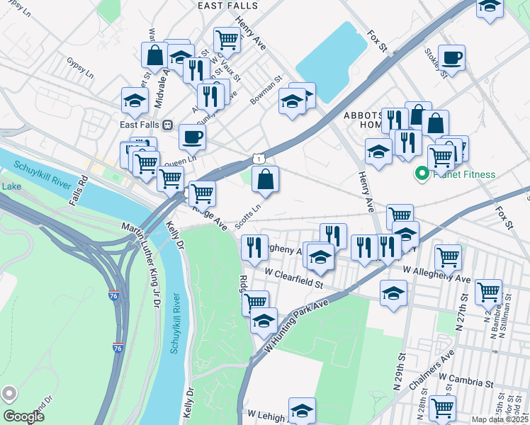map of restaurants, bars, coffee shops, grocery stores, and more near 2 Scotts Lane in Philadelphia