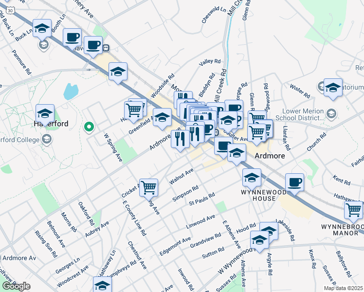 map of restaurants, bars, coffee shops, grocery stores, and more near 10 West Athens Avenue in Ardmore