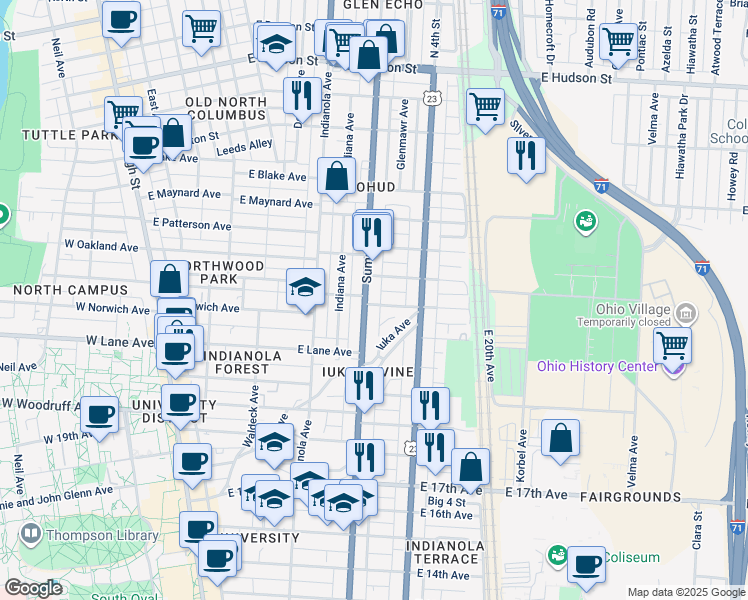 map of restaurants, bars, coffee shops, grocery stores, and more near 371 Alden Avenue in Columbus