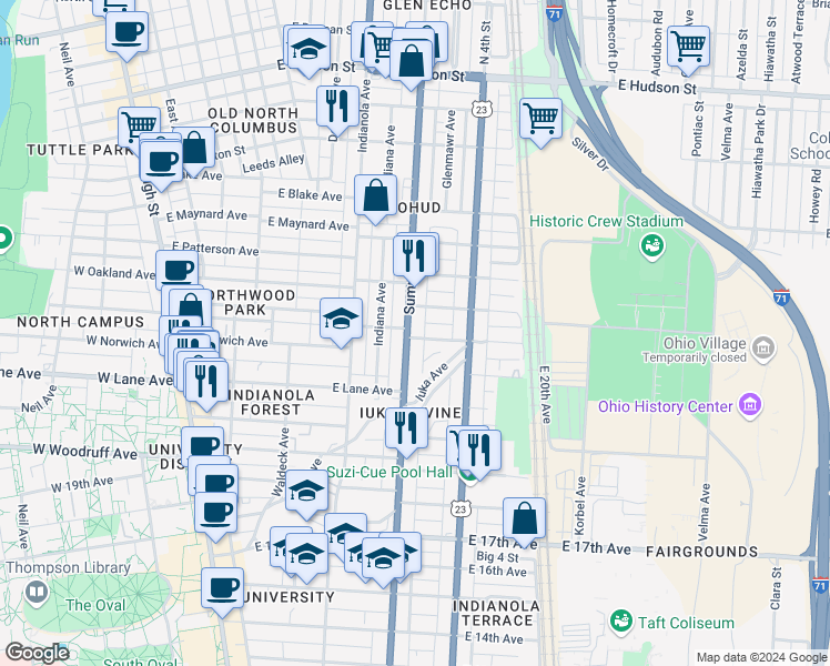map of restaurants, bars, coffee shops, grocery stores, and more near 2150 Summit Street in Columbus
