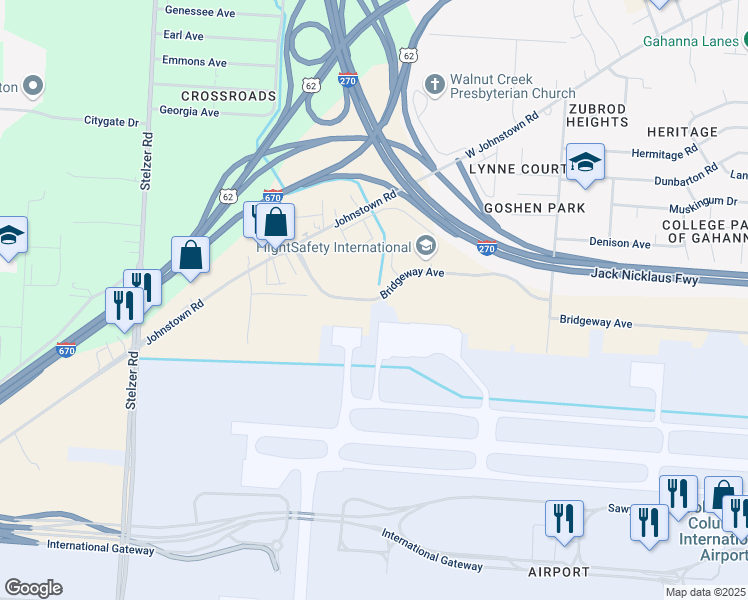 map of restaurants, bars, coffee shops, grocery stores, and more near 4151 Bridgeway Avenue in Columbus