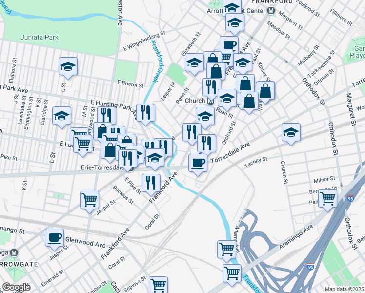 map of restaurants, bars, coffee shops, grocery stores, and more near 4100 Frankford Avenue in Philadelphia