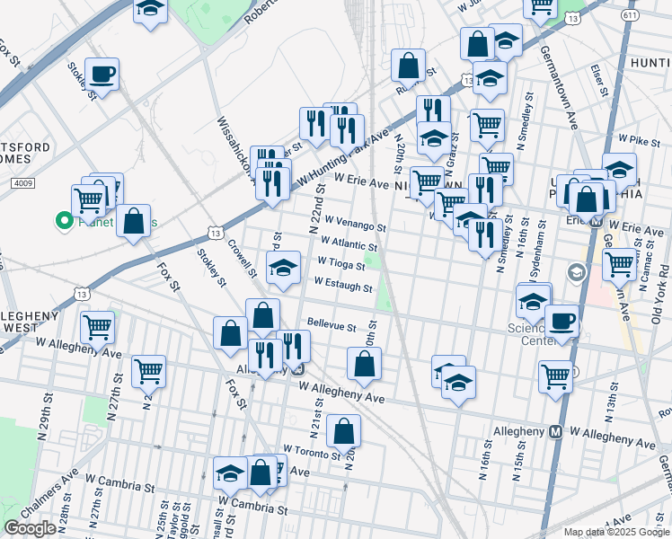 map of restaurants, bars, coffee shops, grocery stores, and more near 2102 West Tioga Street in Philadelphia