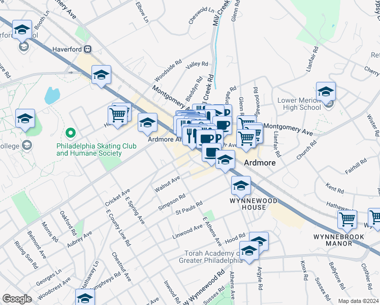 map of restaurants, bars, coffee shops, grocery stores, and more near 21 Cricket Avenue in Ardmore