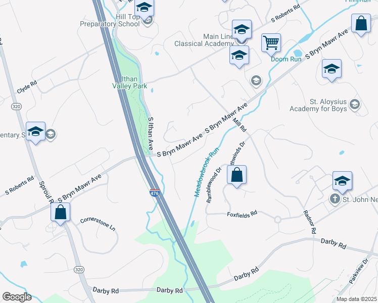 map of restaurants, bars, coffee shops, grocery stores, and more near 406 Wyntre Lea Drive in Bryn Mawr
