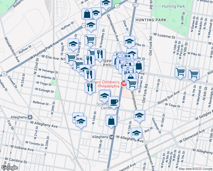 map of restaurants, bars, coffee shops, grocery stores, and more near 3529 North Sydenham Street in Philadelphia