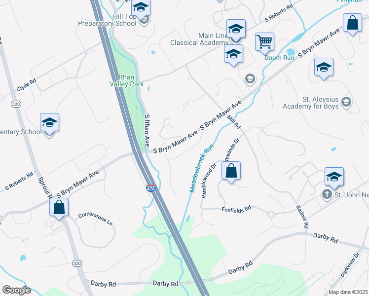 map of restaurants, bars, coffee shops, grocery stores, and more near 406 Wyntre Lea Drive in Bryn Mawr