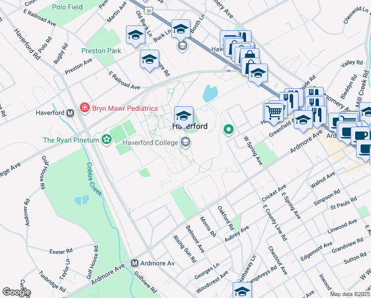 map of restaurants, bars, coffee shops, grocery stores, and more near 370 Lancaster Avenue in Haverford