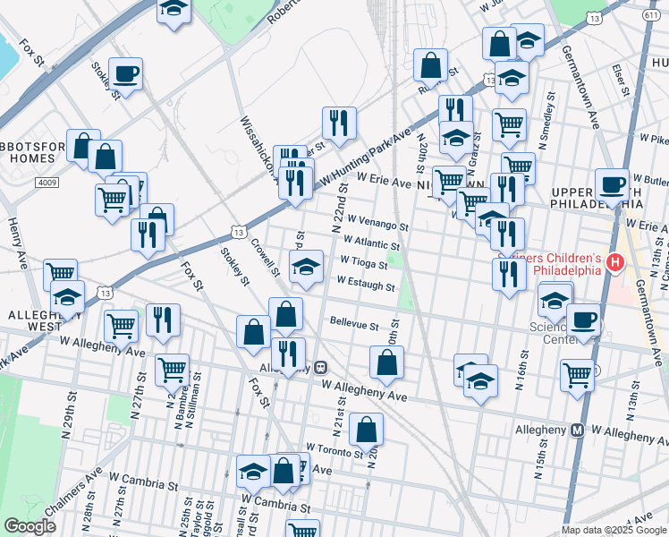 map of restaurants, bars, coffee shops, grocery stores, and more near 2134 W Tioga St in Philadelphia