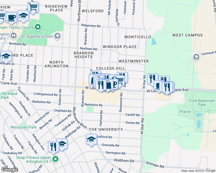 map of restaurants, bars, coffee shops, grocery stores, and more near 1600 West Lane Avenue in Upper Arlington
