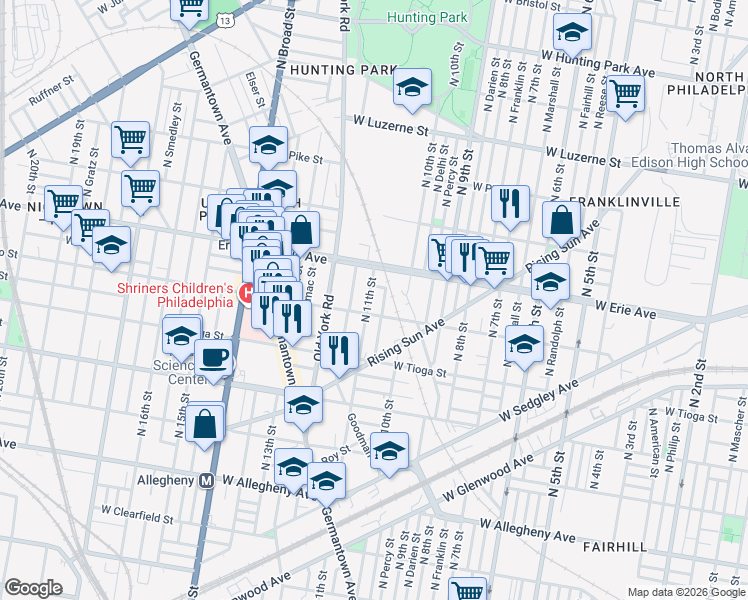 map of restaurants, bars, coffee shops, grocery stores, and more near 3621 North 11th Street in Philadelphia