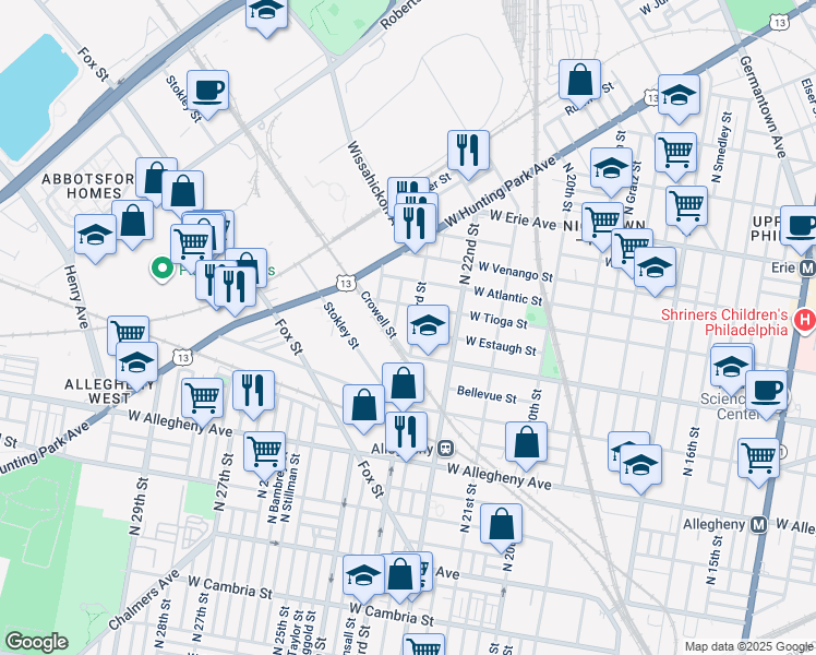 map of restaurants, bars, coffee shops, grocery stores, and more near 3452 North 23rd Street in Philadelphia