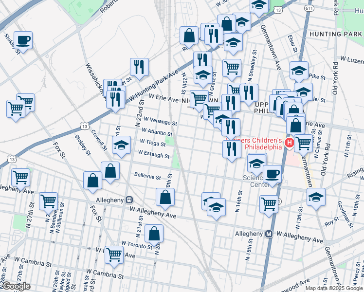 map of restaurants, bars, coffee shops, grocery stores, and more near 1933 West Tioga Street in Philadelphia