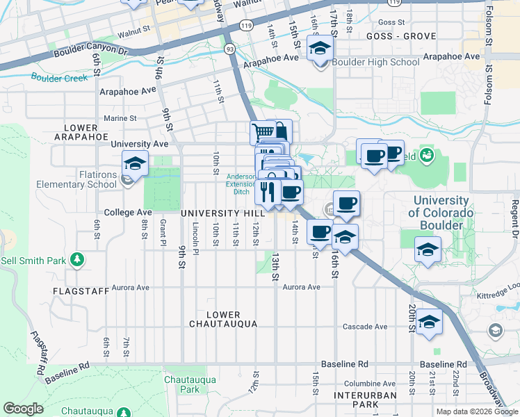 map of restaurants, bars, coffee shops, grocery stores, and more near 1139 12th Street in Boulder