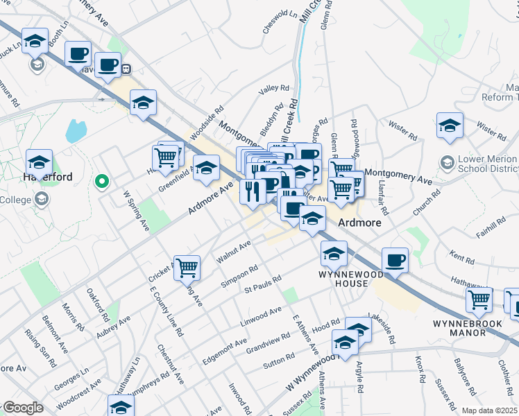 map of restaurants, bars, coffee shops, grocery stores, and more near 24 Cricket Avenue in Ardmore