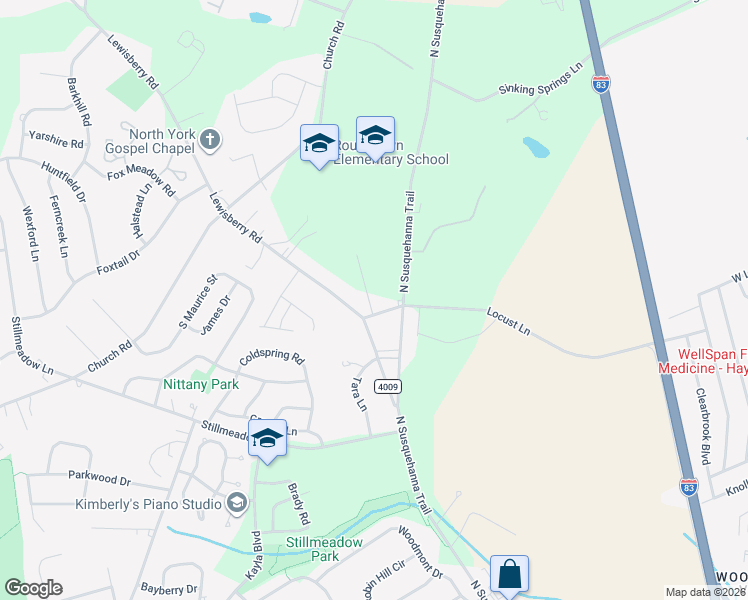map of restaurants, bars, coffee shops, grocery stores, and more near 2800 North Susquehanna Trail in York