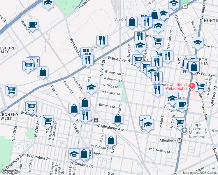 map of restaurants, bars, coffee shops, grocery stores, and more near 2100 West Tioga Street in Philadelphia