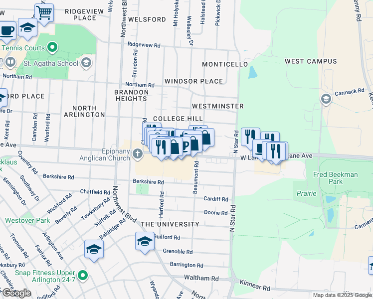map of restaurants, bars, coffee shops, grocery stores, and more near 1576 West Lane Avenue in Upper Arlington
