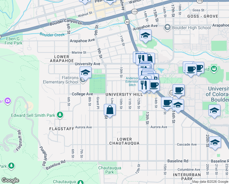 map of restaurants, bars, coffee shops, grocery stores, and more near 1128 Lincoln Place in Boulder