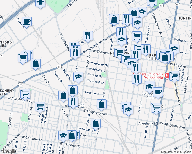 map of restaurants, bars, coffee shops, grocery stores, and more near 2040 West Tioga Street in Philadelphia