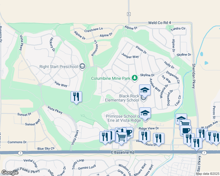 map of restaurants, bars, coffee shops, grocery stores, and more near 2574 Skyline Court in Erie