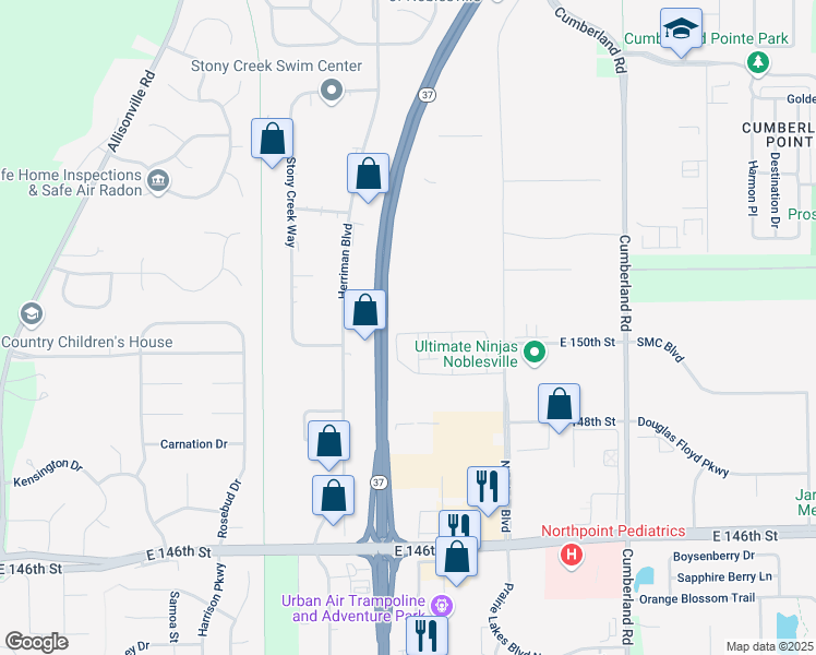 map of restaurants, bars, coffee shops, grocery stores, and more near 9354 Edgestone Drive in Noblesville