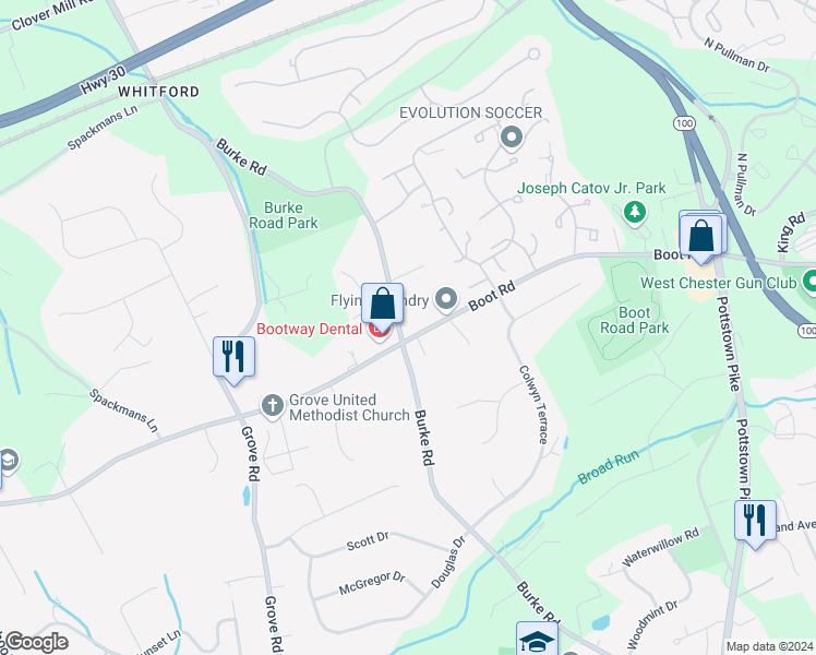 map of restaurants, bars, coffee shops, grocery stores, and more near 295 Boot Road in West Chester