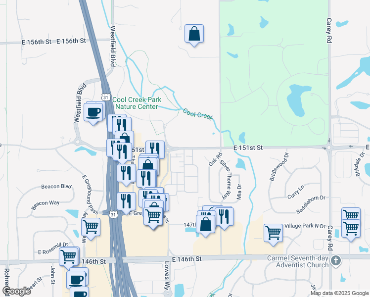 map of restaurants, bars, coffee shops, grocery stores, and more near 2253 East 151st Street in Carmel