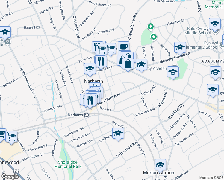 map of restaurants, bars, coffee shops, grocery stores, and more near 111 Iona Avenue in Narberth