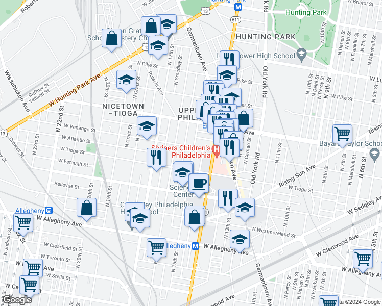 map of restaurants, bars, coffee shops, grocery stores, and more near 3544 North 15th Street in Philadelphia
