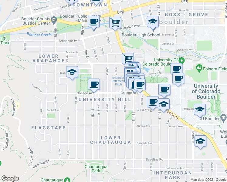 map of restaurants, bars, coffee shops, grocery stores, and more near 1131-1133 11th Street in Boulder