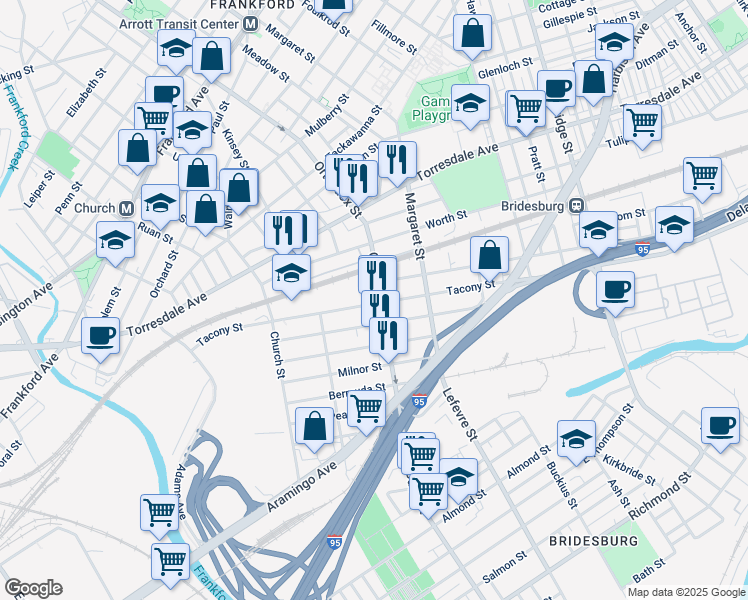 map of restaurants, bars, coffee shops, grocery stores, and more near 2236 Orthodox Street in Philadelphia