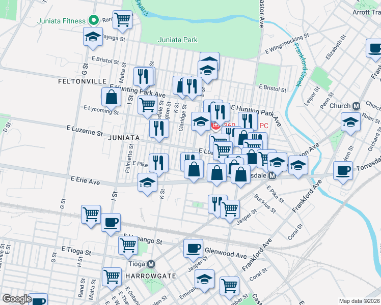 map of restaurants, bars, coffee shops, grocery stores, and more near 1233 East Luzerne Street in Philadelphia