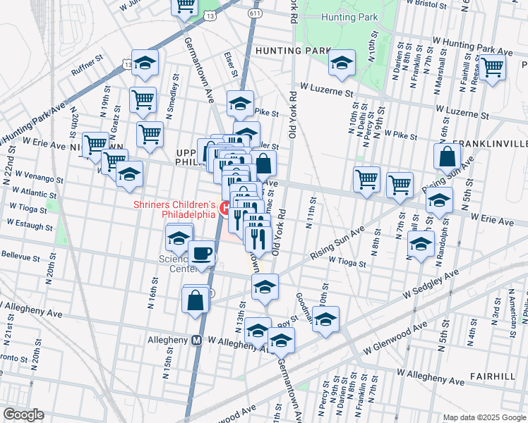 map of restaurants, bars, coffee shops, grocery stores, and more near 3635 North Camac Street in Philadelphia