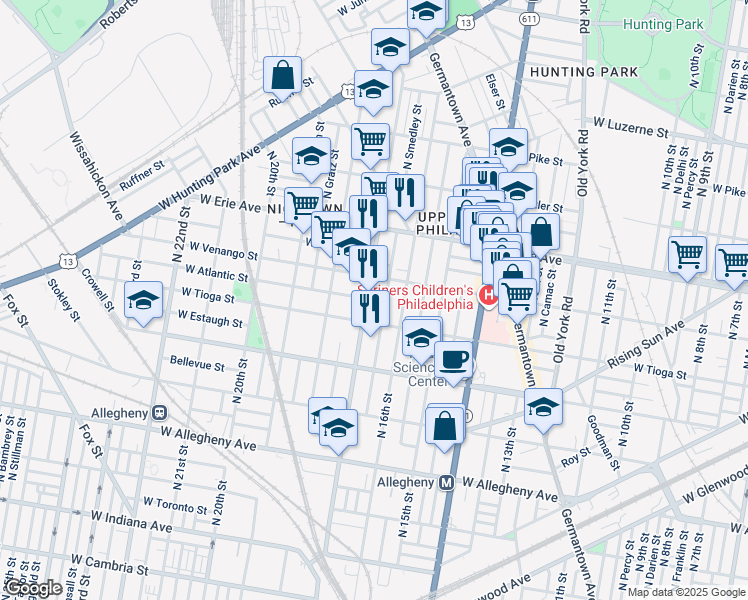 map of restaurants, bars, coffee shops, grocery stores, and more near 3519 North 17th Street in Philadelphia