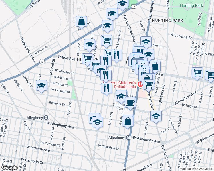 map of restaurants, bars, coffee shops, grocery stores, and more near 1630 West Venango Street in Philadelphia