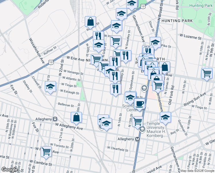 map of restaurants, bars, coffee shops, grocery stores, and more near 1722 West Venango Street in Philadelphia